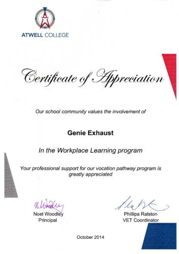 Atwell College Certificate of Appreciation Work Experience