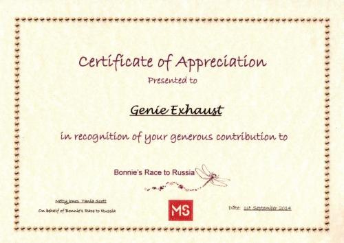 Multiple Sclerosis Certificate of Appreciation